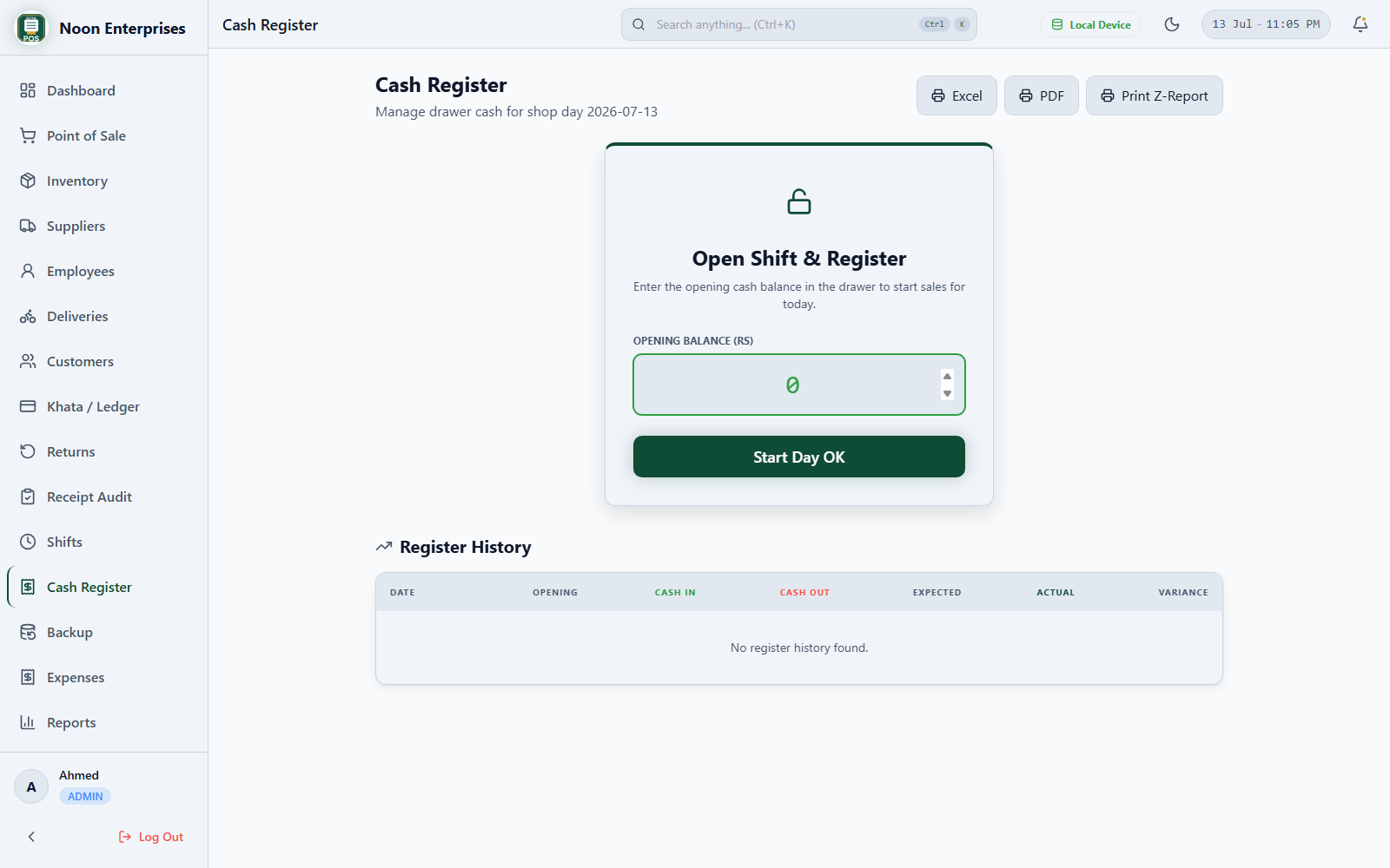 Cash closing screen